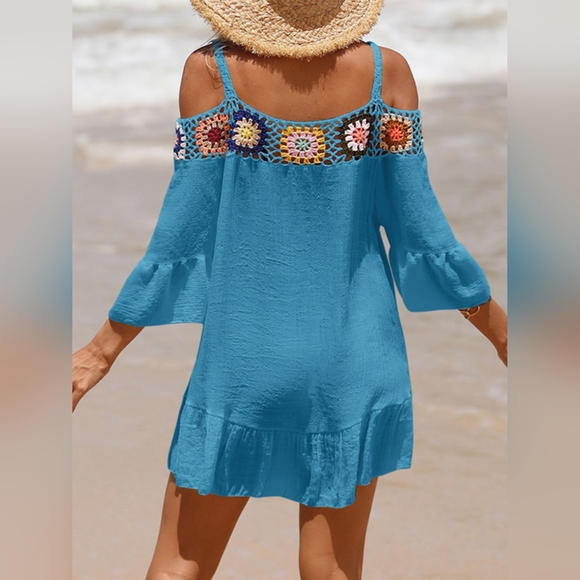 Crochet Cold Shoulder Three-Quarter Sleeve Cover Up - Picture 3 of 4